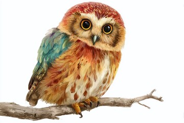 Fototapeta premium Charming Owl Illustration: A colorful and cute illustration of an owl, perching gracefully on a branch, inviting you into a world of whimsical wonder.
