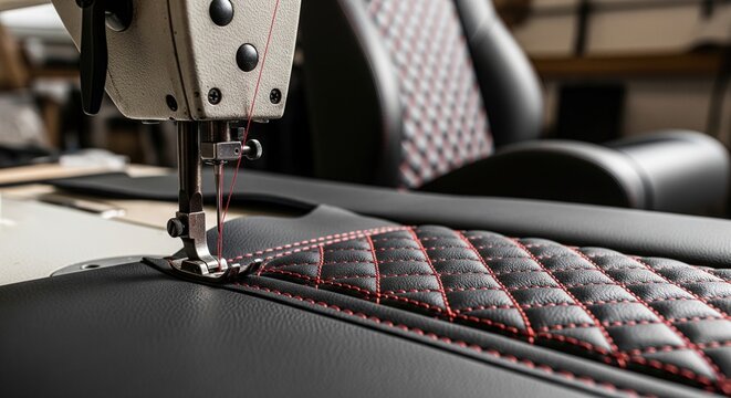 Sewing machine stitching a diamond pattern with red thread on black leather for a car seat