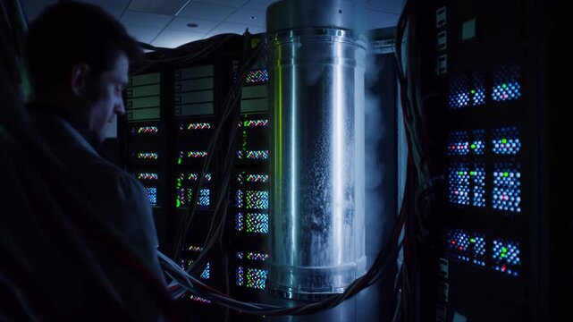 A technician closely monitors a central processing unit in a dimly lit server room, observing the intricate cooling system and the glowing indicators of active servers.