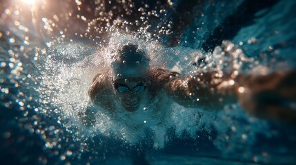A swimmer propels forward through the clear water, creating energetic splashes as bubbles rise around them. The swimmer's strong strokes slice through the water, showcasing focused