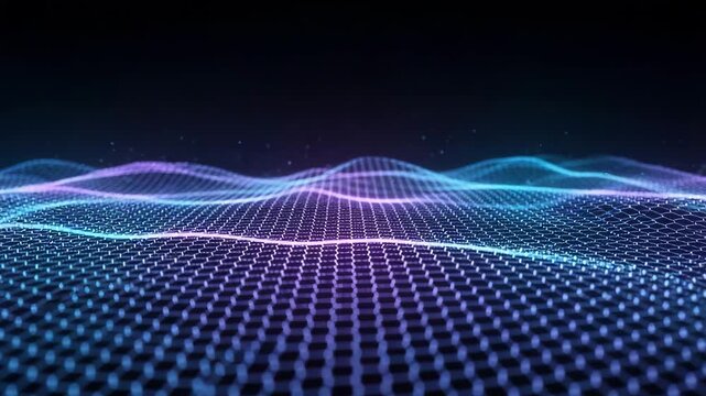 Abstract digital wave pattern with hexagonal grid and glowing particles in blue and purple hues