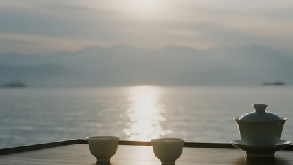 tea table and porcelain cup floating on still ocean