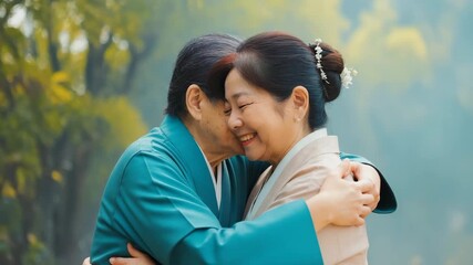 Elderly Japanese couple celebrating golden anniversary by hugging each other