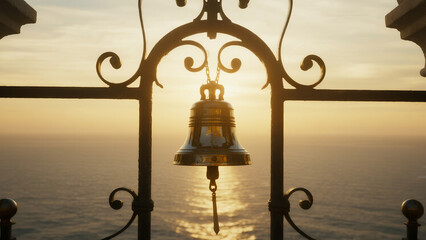  lone bell hanging from delicate frame above ocean