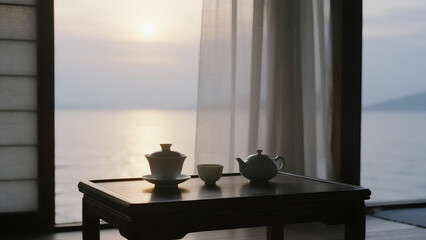tea table and porcelain cup floating on still ocean