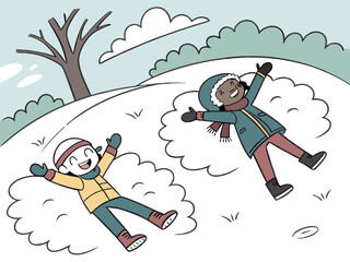 Fototapeta premium Children Playing in Snow Making Angels Fun Winter Activity Christmas Holiday Illustration