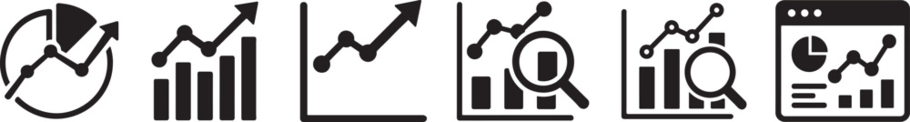 Data analytics icon set in bold silhouette style for report, business, and technology design.