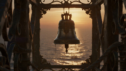  lone bell hanging from delicate frame above ocean