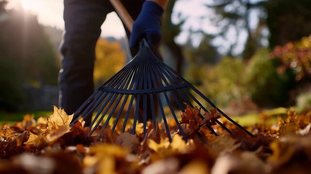 Fallen leaves in shades of amber and scarlet filling frame, garden rake visible behind in hands of person, sunlight beams creating serene fall atmosphere