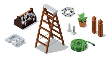 Isometric gardening and diy tools set with ladder and accessories