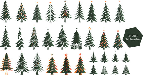 Fototapeta premium Collection of diverse stylized christmas trees in various green and brown tones