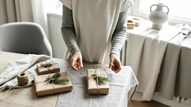 Woman decorates Christmas gifts with sprigs and string, a stylish process for holiday present wrapping footage.﻿