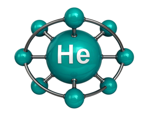 A central turquoise sphere with "He" inscribed is surrounded by smaller turquoise spheres connected by silver rings on a black background