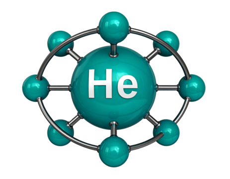 A central turquoise sphere with "He" inscribed is surrounded by smaller turquoise spheres connected by silver rings on a black background
