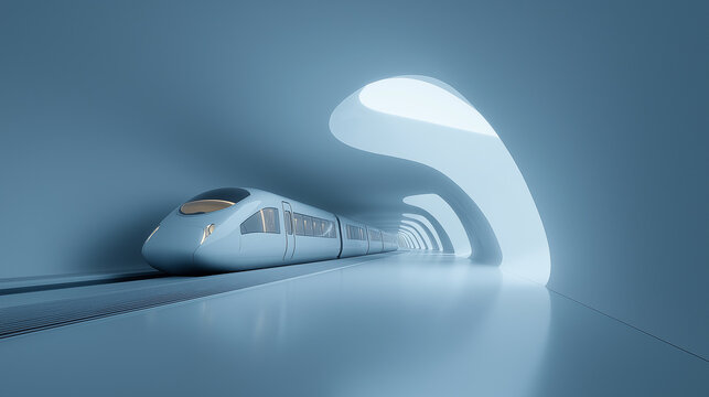 futuristic high-speed train traveling inside a modern, glowing blue tunnel 3d render