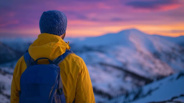 Hiker with a winter jacket and backpack captured from behind, admiring vast frozen ridges glowing under fiery sunset sky with ample copy space