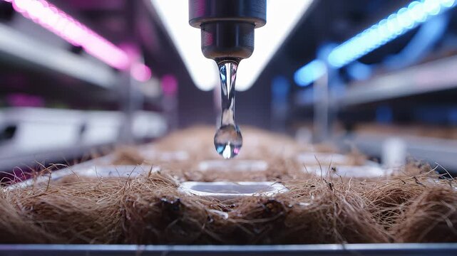 Water Drops Onto Substrate in Indoor Vertical Hydroponic Farm