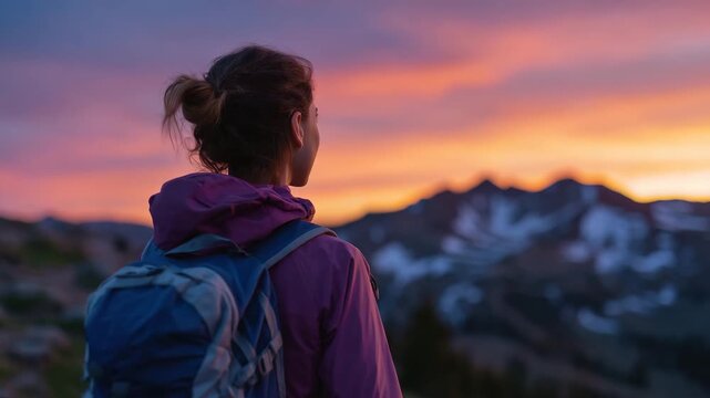 Lone female adventurer silhouetted against fiery skies, admiring snow-dusted peaks in the distance, her backpack catching soft sunlight, with empty horizon providing copy space
