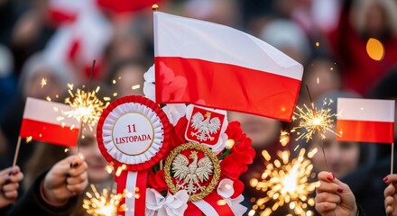 Obraz premium Celebration of Polish Independence Day with Flags, Sparkles, and Festive Decor for Cultural Events, National Holidays, Awareness Campaigns, and Social Media Posts 