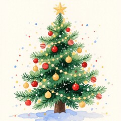 Watercolor illustration of a classic christmas tree decorated with red and gold baubles, garlands, and a topper star.