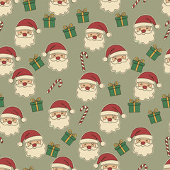 Christmas Santa Claus Vector. Seamless Gift And Candy Cane Pattern with Cute Santa Faces. Merry Christmas  Holiday seamless pattern Background.