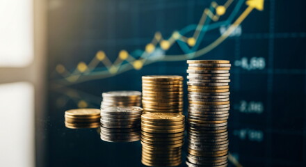 Gold coin stack and colorful financial stock market chart with candlestick graph. Digital economy and finance.