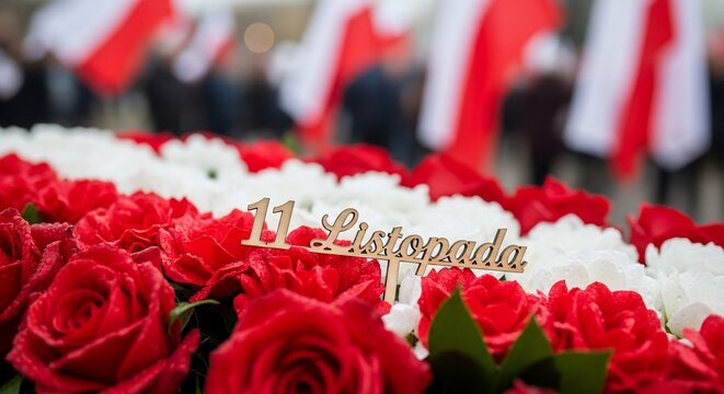 Red Roses with 11 Listopada Inscription for Commemorative Events, National Celebrations, and Memorial Services, Symbolizing Respect and Remembrance  