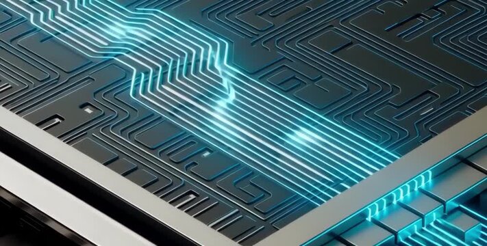 Futuristic Microchip Pulsing with Digital Energy in Macro Detail