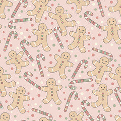 Festive Christmas Pattern Vector. Seamless Pattern Joyful Background with Gingerbread, Candy Canes and Snow for Textile Print background.