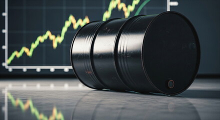 Black oil barrel with stock market chart in background. Oil price increase concept with global economic impact.