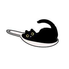 Humorous illustration of a black cat lounging inside a frying pan, perfect for meme, humor, and quirky art designs.