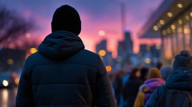 Pedestrians waiting in line along snowy city street, winter clothing layered, streetlights turning on as orange-pink sunset reflects off icy pavement, urban architecture softly blu