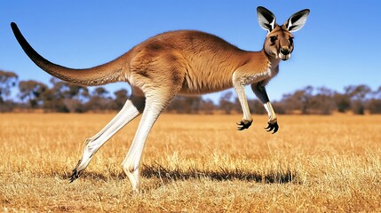 A red kangaroo leaps across a dry, grassy field under a clear blue sky.