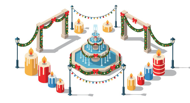 Festive isometric christmas candles and fountain display with holiday decorations