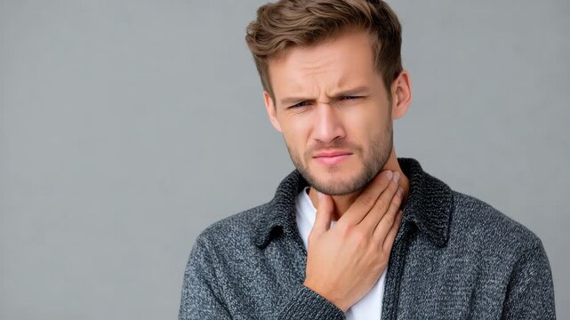 Portrait of man touching throat, mouth slightly open, pained expression with flushed cheeks, symptom of cold or laryngitis emphasized in close-up