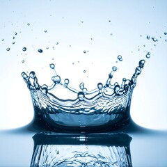 A photographic image capturing a water droplet impact, forming a crown-like splash. The background fades, emphasizing the water