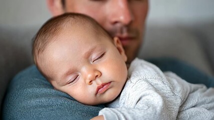 Peaceful moment of father cradling sleeping baby in gentle embrace