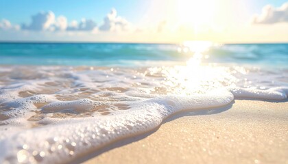 Golden hour sunlight sparkles on gentle ocean waves lapping onto a sandy tropical beach with distant turquoise water and a bright blue sky dotted with soft white clouds