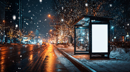 A serene winter night in a city, featuring a blank white billboard illuminated by streetlights. Snow gently falls, creating a peaceful atmosphere with festive lights adorning nearby trees