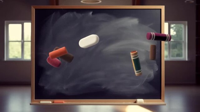 Dynamic Floating Erasers and Chalk in a Classroom Setting Captured in Two Frames, Showcasing Motion and Classroom Essentials