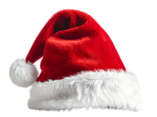 A cozy red San viewed from a side angle, gently tilted with a curved tip and fluffy white trim, visible f texture and light reflection for realism, plain background for Christmas-themed design use 