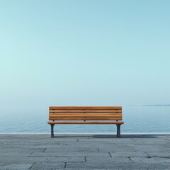 Solitary harbor-side wooden bench providing a tranquil view of the water expanse