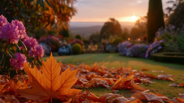Sharp detail of scattered orange maple leaves, background shows faint figure raking near hedges, soft glow of sun setting over autumn garden