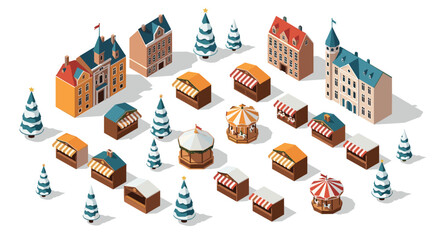 Festive isometric christmas market with decorated stalls and snowy trees