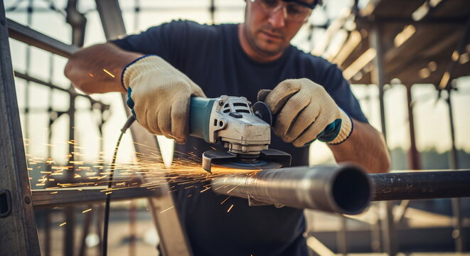 Man grinding metal with an angle grinder outdoors, producing sparks. Safety equipment, construction, and repair work in action footage. - Powered by Adobe