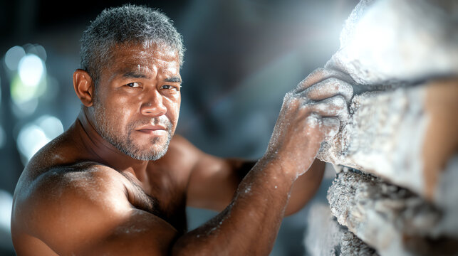 A muscular man climbing a rock wall, showcasing strength and determination in an indoor climbing gym.