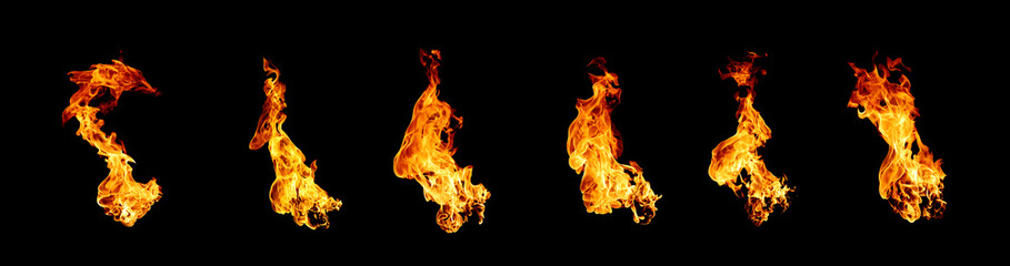 Collection of isolated flames on black background, showing burning movement and heat energy concept...