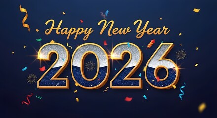 Sparkling happy new year 2026 text with confetti and streamers on dark blue background