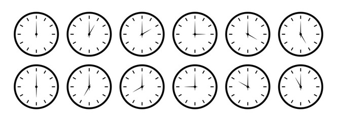 Set of round clocks faces, stopwatch with different time. Clock hands icons.Time simple graphic circle sign, symbol. Watch face illustration. Noon, morning, evening time watch patterns. Hour icon.