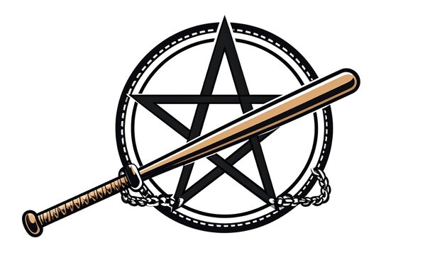 A black pentagram encircled with a dotted line, crossed by a wooden baseball bat connected by a chain